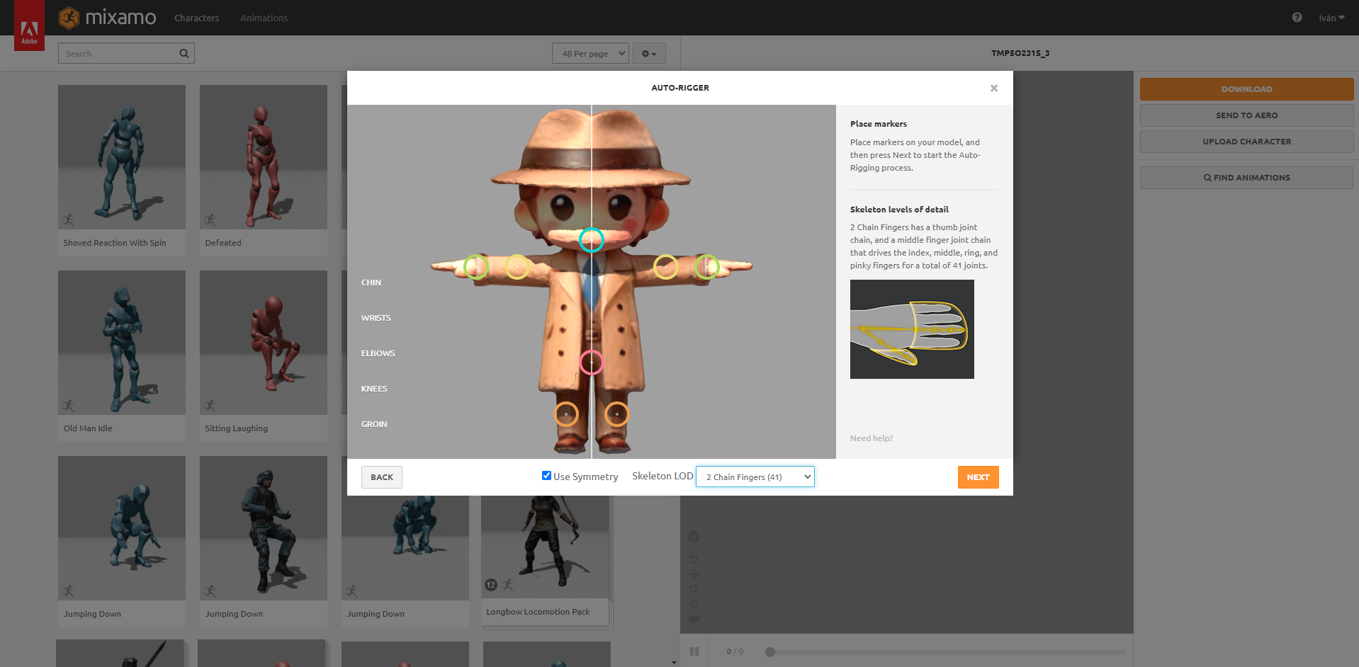 Configuración de animación en Mixamo
